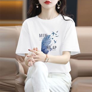 打底上衣服 100%纯棉重磅短袖 t恤女大码 宽松简约美式 休闲印花半袖