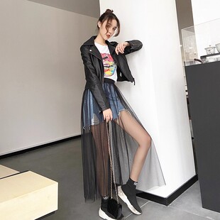 黑色松紧网纱半身裙2025新款夏透视外搭透明中长款单层一层纱罩裙