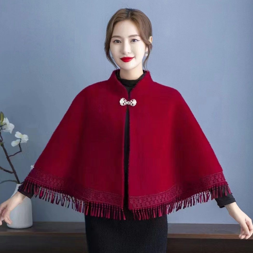 时尚名媛风流苏穗立领披肩演出礼仪旗袍披肩外搭短款斗篷披风外套