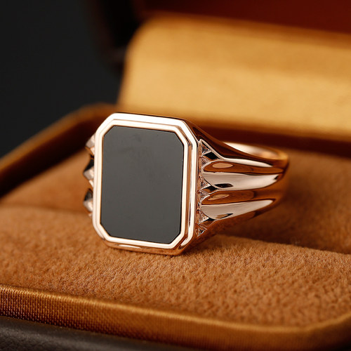 天然黑玛瑙纯18K金铂金图章戒指