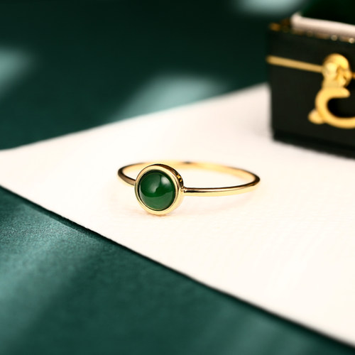 天然翡翠戒指18K黄金玫瑰彩金铂金镶嵌帝王绿蛋面冰种轻奢女款戒