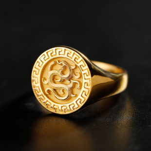 中式 18K黄金白玫瑰金男女情侣结婚纪念对戒 国潮古风龙凤图章戒指