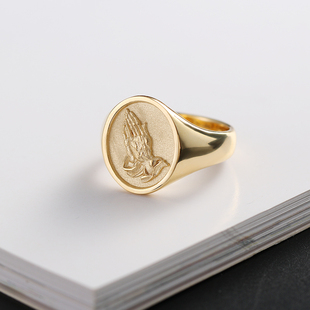 铂金小众设计轻奢18K黄金白金男女情侣对戒创意定做 祈祷之手戒指