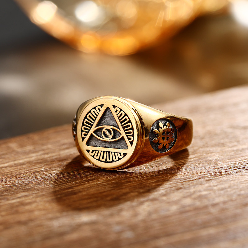 上帝全视之眼24K纯黄金戒指999足金共济会欧美潮流个性男款指环戒