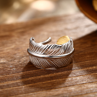 羽毛戒指18K黄金玫瑰彩金铂金纯足金复古时尚个性创意开口潮男戒