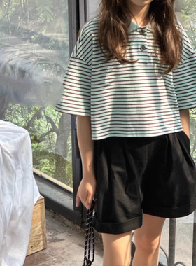 【特】宝儿w短款条纹短袖T恤Polo衫，清新可爱，同款黑白条，0608