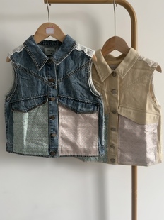 D品剪吊牌鸽家女宝蕾丝拼接牛仔马甲 2120