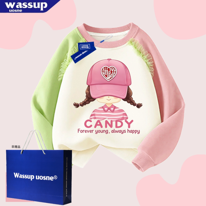 WASSUP女童卡通图案长袖卫衣冬季插肩袖套头宽松加绒衫亮丝装饰