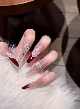 手工穿戴甲新年战甲复古法式高级宫廷风红色渐变蕾丝珍珠贴钻美甲