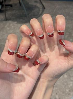 纯手工穿戴甲新年氛围感法式红色渐变爆闪碎钻显白可拆卸新娘美甲