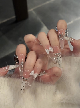 【奶油小香】千金风手工穿戴甲法式高级乳白色猫眼蝴蝶结碎钻美甲