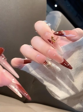 纯手工穿戴甲御姐辣妹设计感红色蝴蝶爆闪猫眼裸色美甲长尖可拆卸