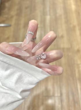 冰透裸粉渐变玫瑰切东洲钻星锆爆闪纯欲显白高级碎钻手工穿戴美甲