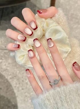 纯手工穿戴甲法式红色笑脸猫眼爆闪美甲贴片显白新年可拆卸假指甲