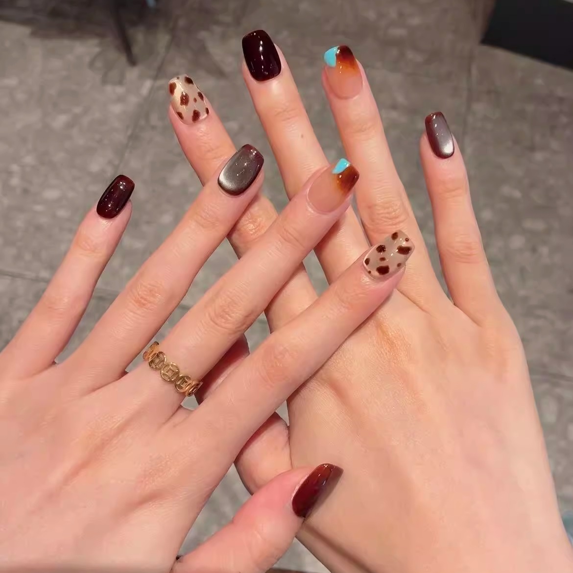 纯手工穿戴甲秋冬美拉德棕色晕染豹纹猫眼甲片高级感辣妹美甲贴片