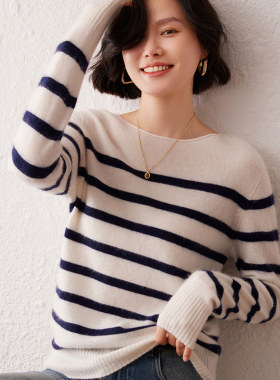 一线条纹羊绒衫女秋冬宽松套头
