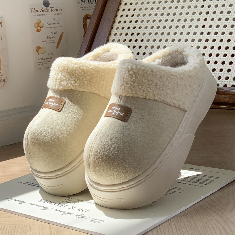 新款时尚百搭厚底增高棉拖鞋女士冬季加绒保暖防滑居家包跟月子鞋
