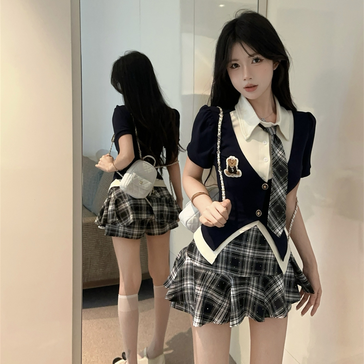 学院风jk制服套装辣妹撞色假两件领带上衣高腰格纹半身裙