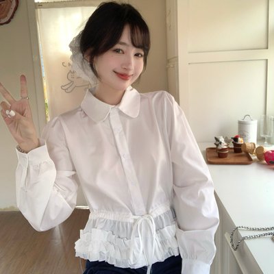 大码-娃娃翻领长袖白色衬衫甜美木耳边收腰上衣