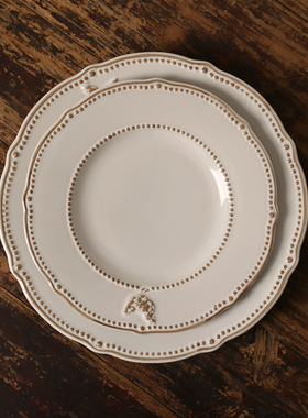 原单出口米白欧式复古波点立体鸡图案陶瓷西式餐盘平盘摆盘套装