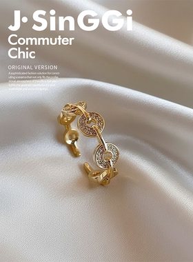 玄学旺财铜钱戒指女开口招财食指