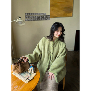 进口水貂毛镶边骆驼绒绵羊毛绿色手工双面呢国风大衣外套安妮森林