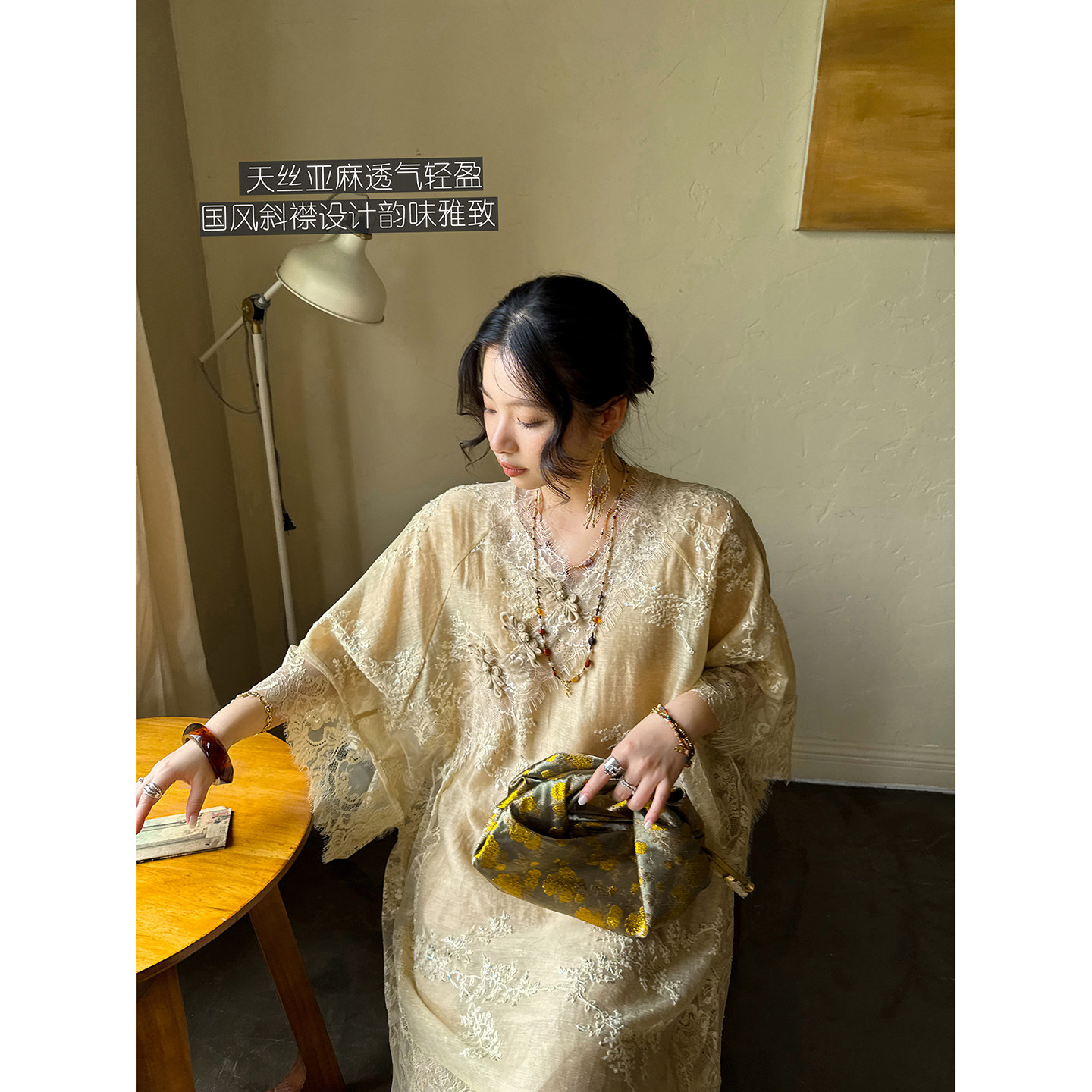 安妮森林天丝亚麻蕾丝连衣裙女图片