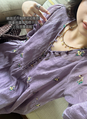 仙气花卉刺绣纯苎麻定染紫色浪漫V领显瘦连衣裙送吊带裙 安妮森林
