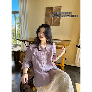 100亚麻仙气花边娃娃领日系文艺复古宽松百搭衬衫上衣女 安妮森林