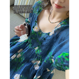 田园风100苎麻靛蓝牡丹花色法式优雅度假连衣裙送吊带裙 安妮森林