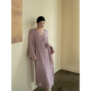 55苎麻45天丝酵素洗炒色工艺气质系带连衣裙安妮森林大码女装秋款