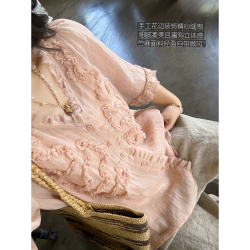 安妮森林手工花边气质苎麻衬衫