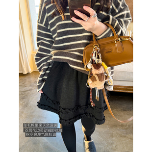 仙气羊毛棉双层木耳花边松紧腰显瘦优雅减龄半身裙女冬 安妮森林