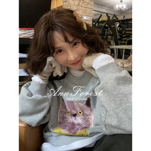 【猫咪卫衣】安妮森林麻灰色绒里猫咪印花套头卫衣圆领百搭慵懒风