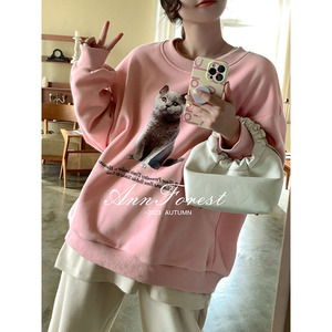 【可爱猫咪】安妮森林加绒猫咪印花圆领套头卫衣冬少女感大码上衣
