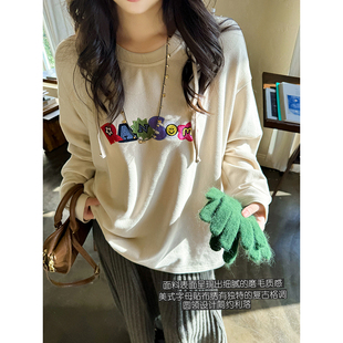 重磅加厚软糯棉感美式 安妮森林 字母贴布绣圆领气质打底T恤上衣冬