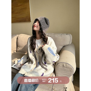 简约复古V领气质小房子花色毛衣开衫 安妮森林大码女装2024秋新款