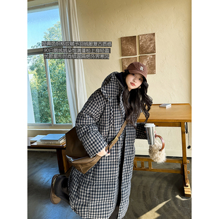 高充绒量色织格纹90白鹅绒纯棉连帽阔感过膝长款 安妮森林 羽绒服