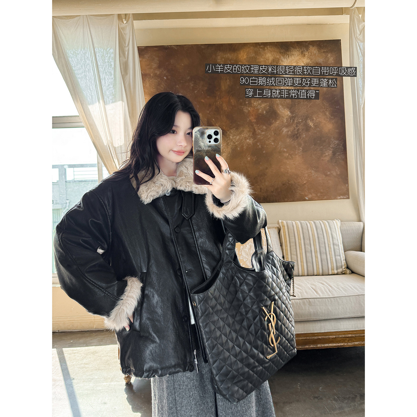 羊卷毛皮毛一体毛领90纯白鹅绒羽绒服复古小羊皮纹皮衣 安妮森林