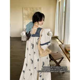 高端纯亚麻精致刺绣撞色层次感文艺压褶优雅蓬感连衣裙夏安妮森林