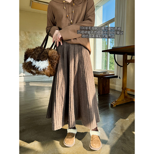 加厚100羊毛咖色毛线质感挺括松紧腰垂感显瘦针织百褶裙 安妮森林