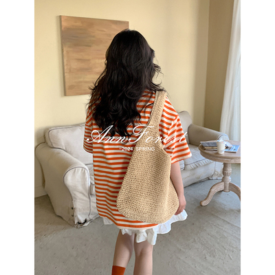 安妮森林简约100棉双纱条纹T恤