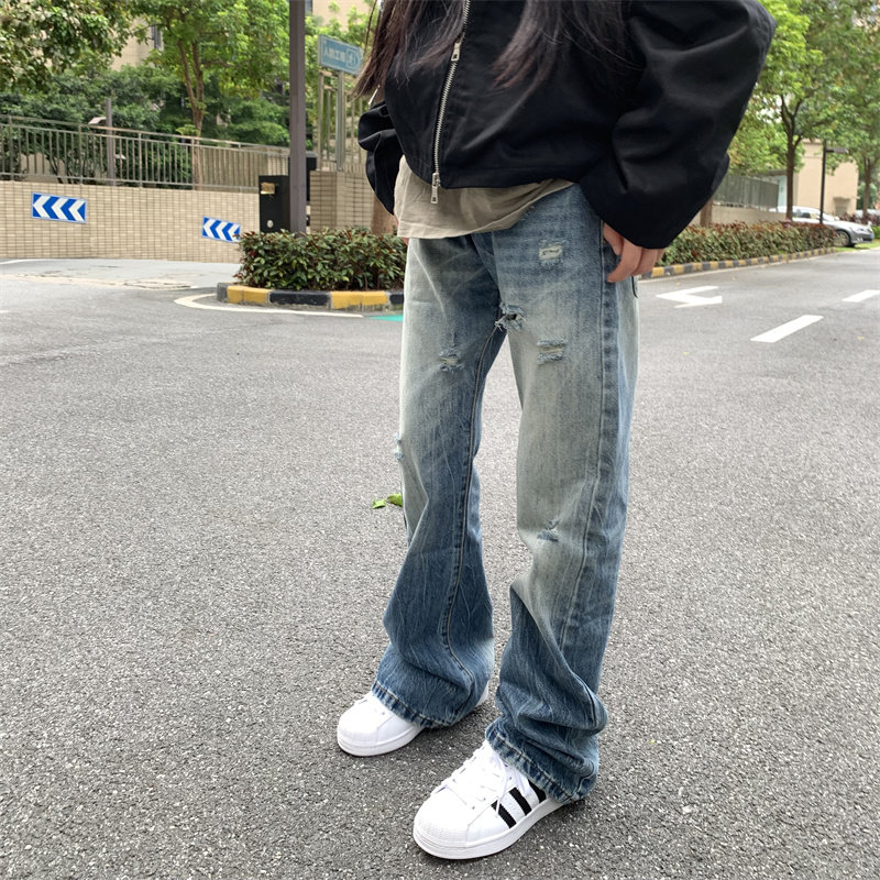 站在雾里 美式高街vibe水洗蓝色破洞牛仔裤直筒微喇cleanfit裤子