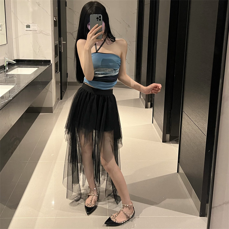 站在雾里 高街女帝暗黑系高腰半身裙子前短后长不规则网纱裙