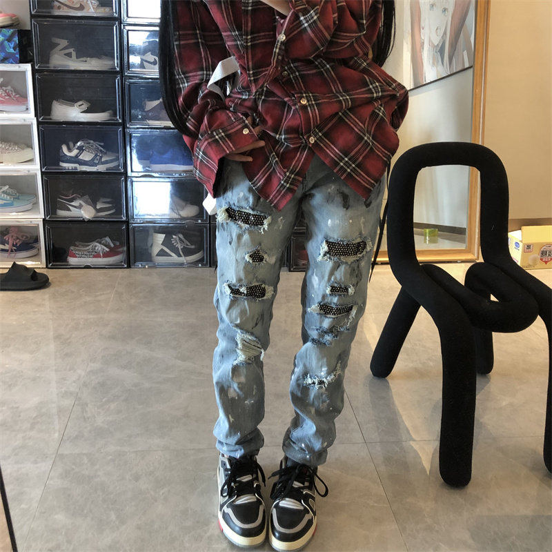 m风格烫钻多钻修身直筒泼墨破洞