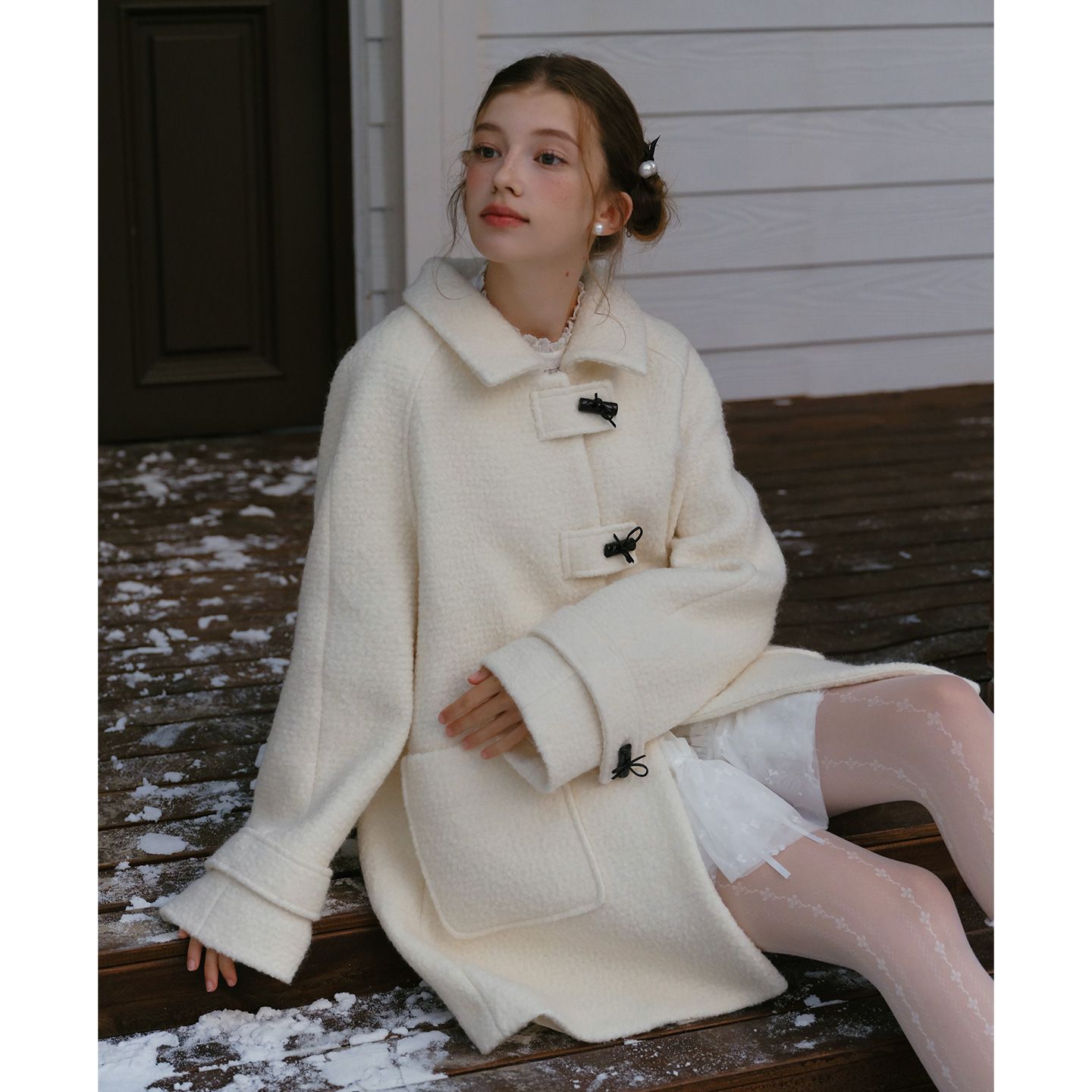 米白色羊毛圈圈呢大衣中长款外套