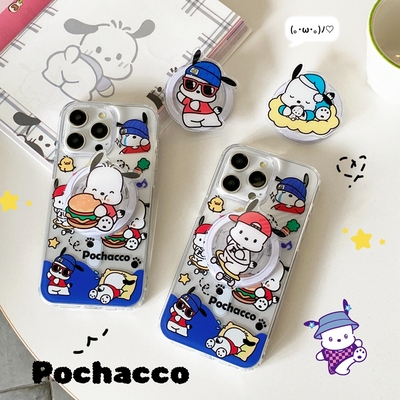 可爱卡通帕恰狗插画磁吸支架适用于iPhone16苹果15promax手机壳13/14透明硬底软边防摔11/12全包保护套16Pro