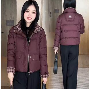 时尚格子拼接立领棉服女2026冬季洋气显瘦小个子加厚保暖棉袄外套