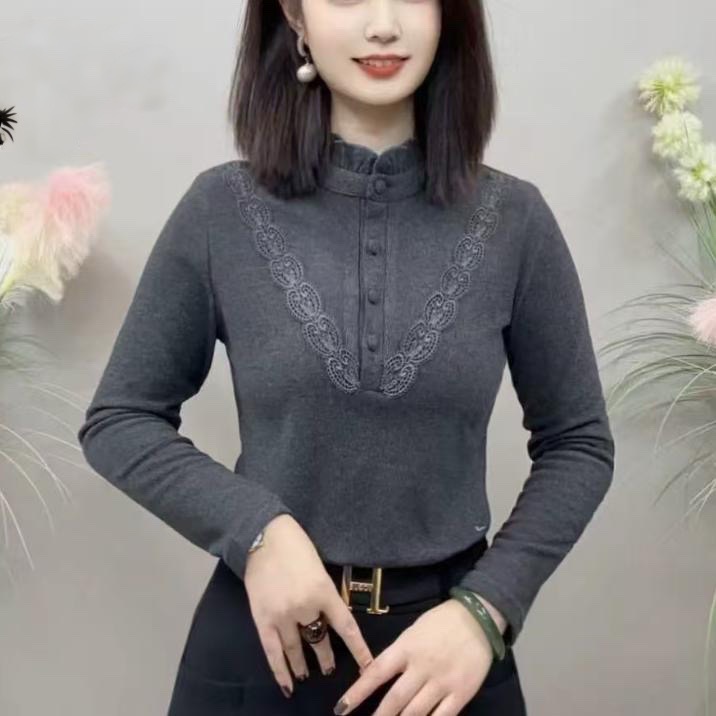 复古木耳边领长袖T恤女