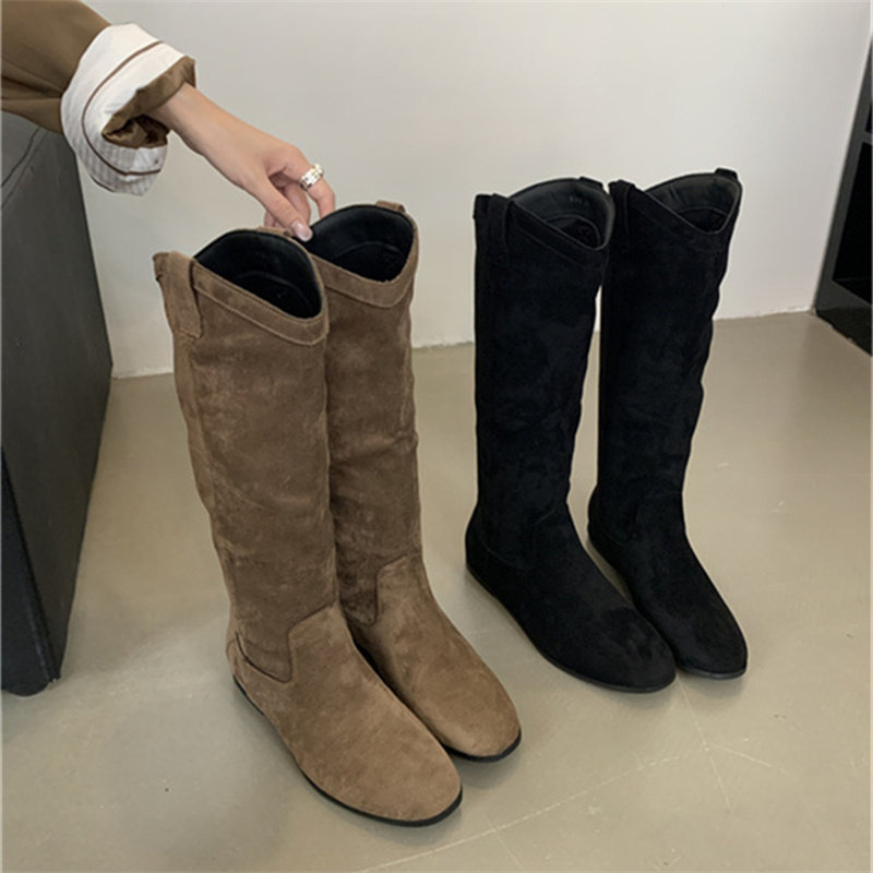 2025年秋季新款复古风西部牛仔靴女绒面瘦瘦靴中筒靴辣妹平底长靴,女鞋,时装靴,淘宝优惠券,粉丝福利购,淘宝优惠卷